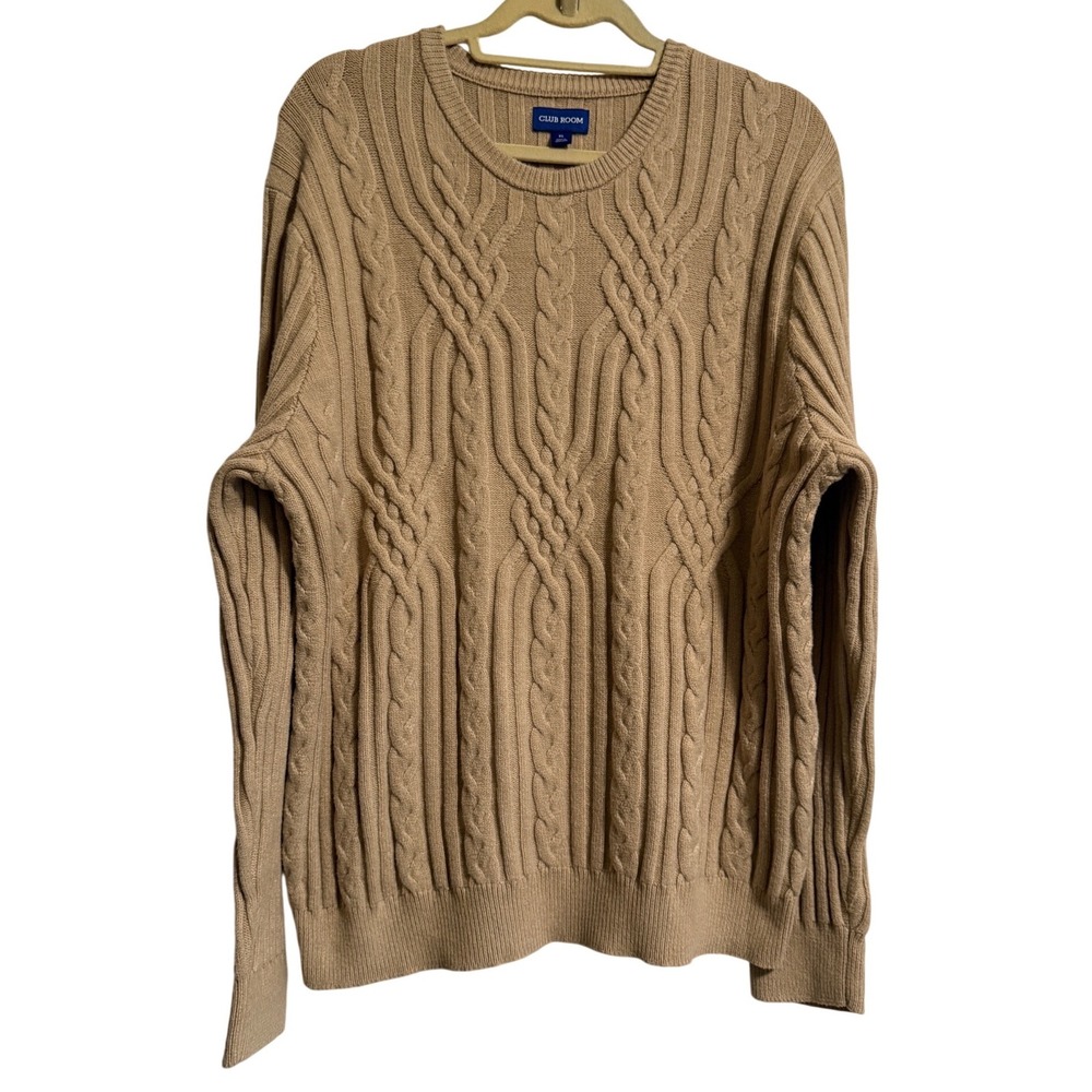 Club Room Mens XL Tan Cable Knit Crewneck Sweater Cotton Blend Camel Ribbed